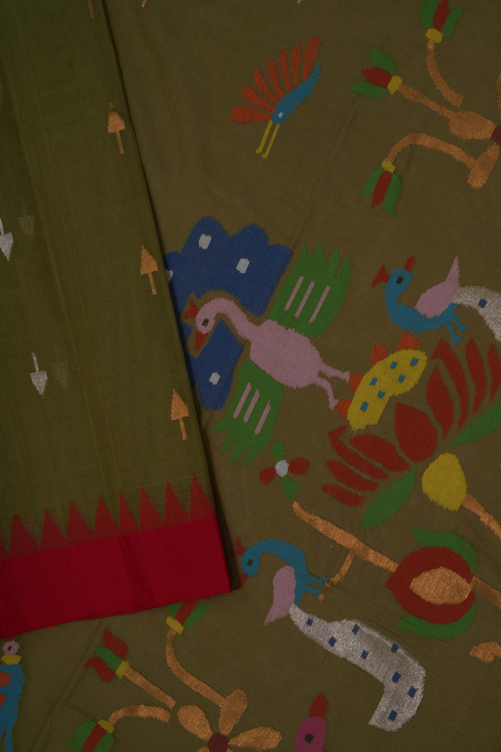 Image of Uppada Cotton Moss Green Saree